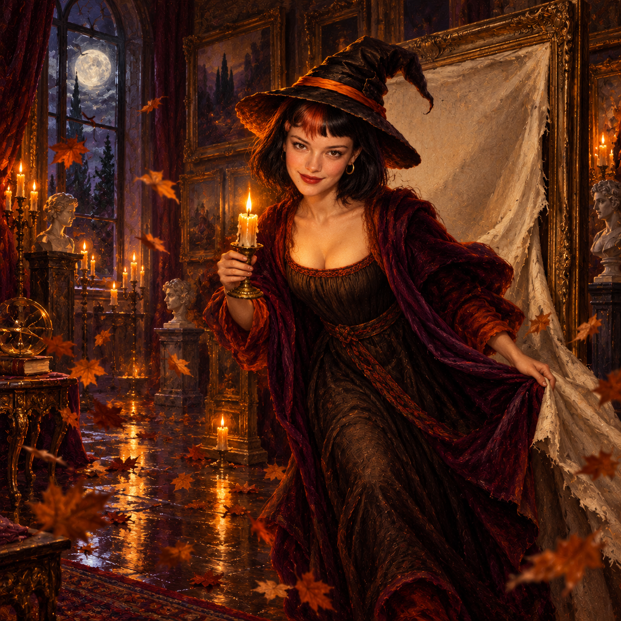 Mona Claudia stepping from a blank canvas in a moonlit gallery with a candle