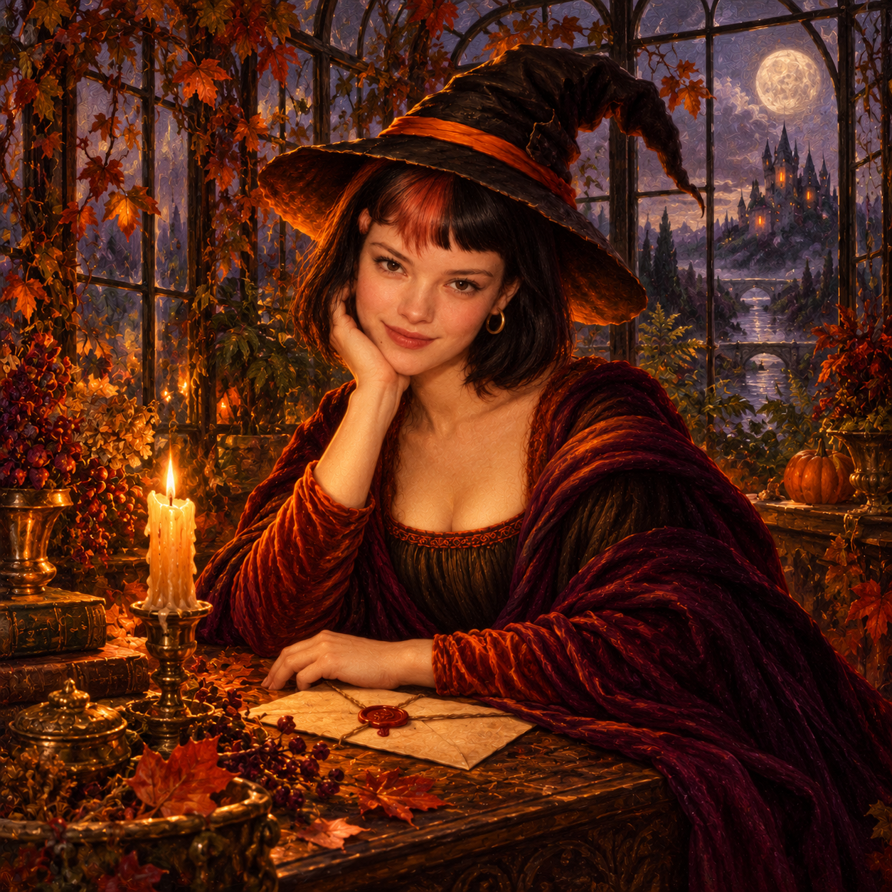 Mona Claudia beside a sealed letter and candle inside a moonlit conservatory