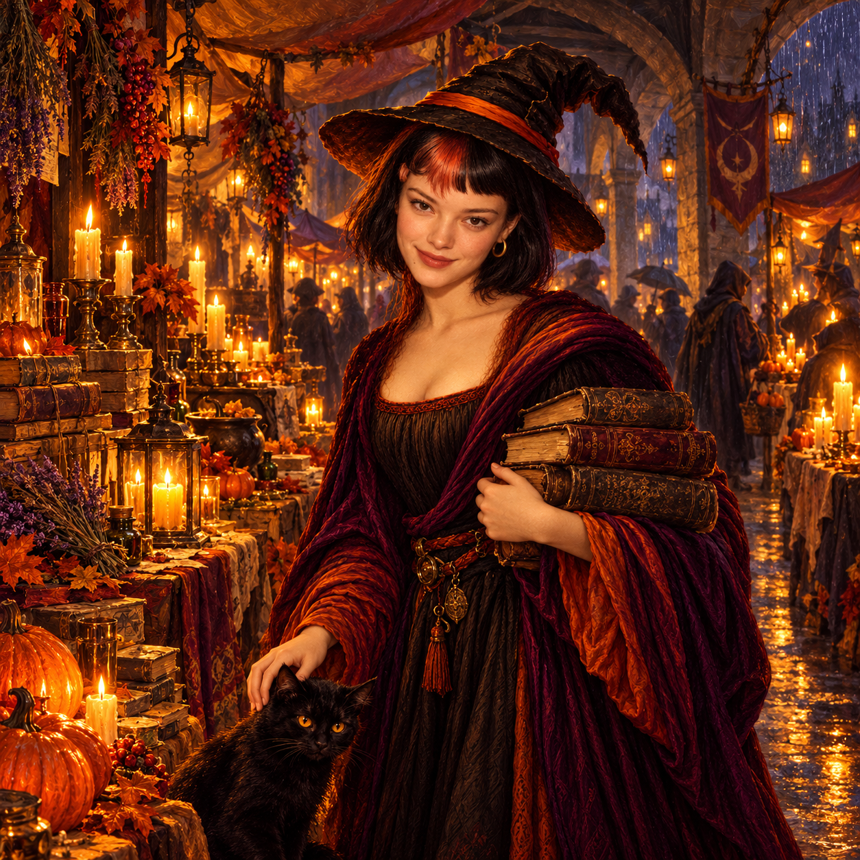 Mona Claudia and a black cat at a covered candlelit autumn night market