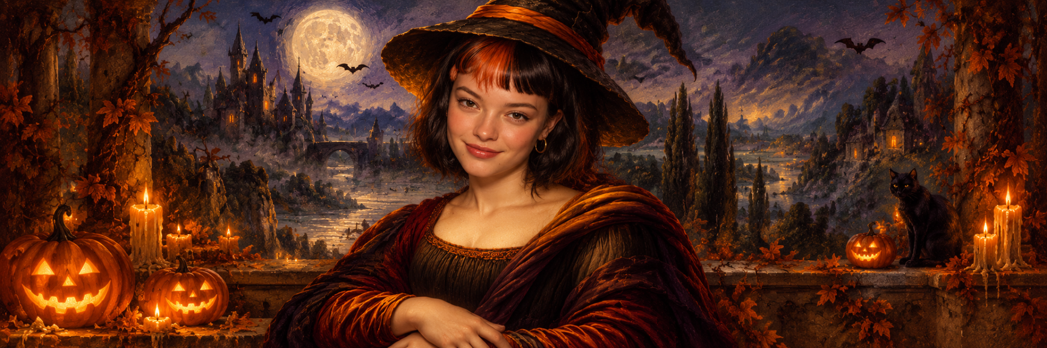 Original wide Mona Claudia banner with moonlit castle, pumpkins, black cat and witch portrait