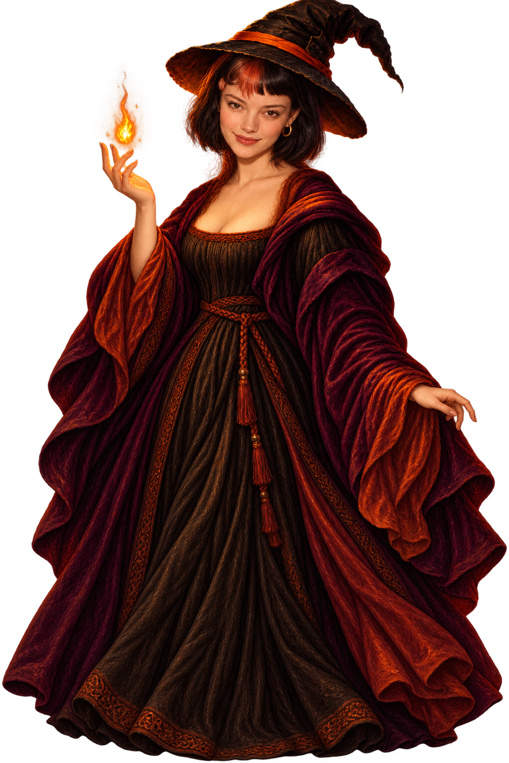 Mona Claudia in a weathered witch hat and velvet cloak, holding a small flame