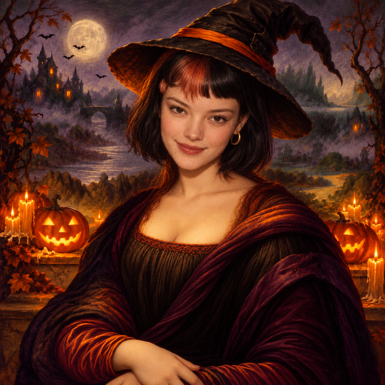 Original Mona Claudia portrait in her witch hat beside moonlight, candles and pumpkins
